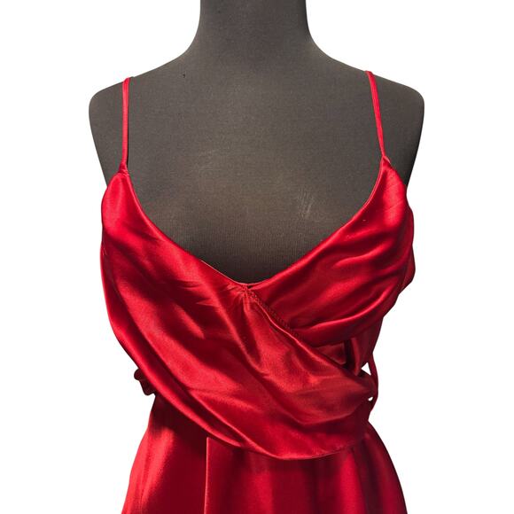 Boston Proper Red Silk Faux Wrap Plunging V Top Empire Waist Self Belt Sz 10 - Picture 3 of 6